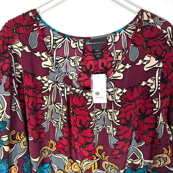 NEW! Lane Bryant Women's Floral Beaded Top 26/28 Maroon Blue 3/4 Sleeve Boho $59 - Picture 3 of 7